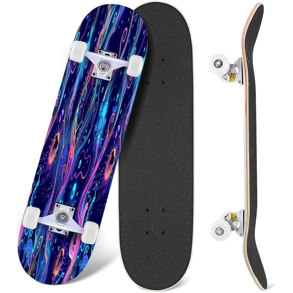 Prxcm Skateboard Complete for Beginners Adults 31 x 8" Undersea Neon Art Patterned Decor Maple Double Kick Concave Skateboards