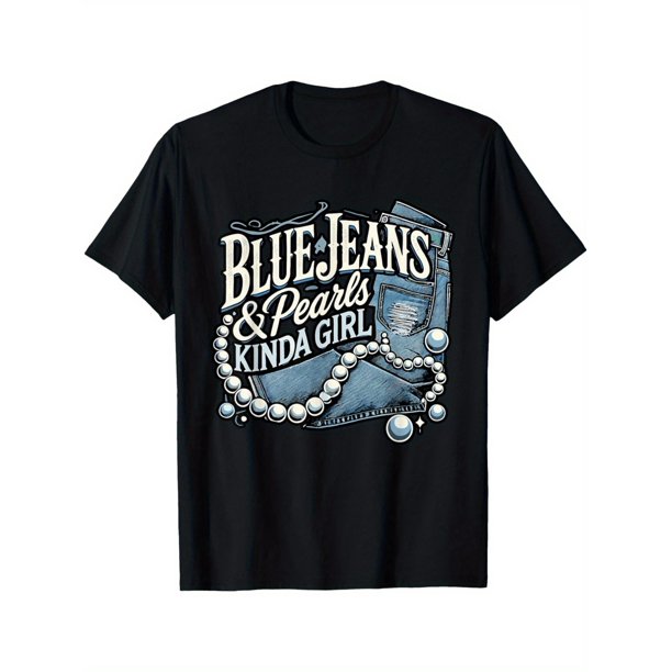 Men's "Jeans & Pearls" Graphic T-Shirt - Casual Black Cotton Tee with Denim-Inspired Pearl Print, Round Neck, Short Sleeves, Machine Washable, Soft and Comfortable Fit, Easycare Clothin