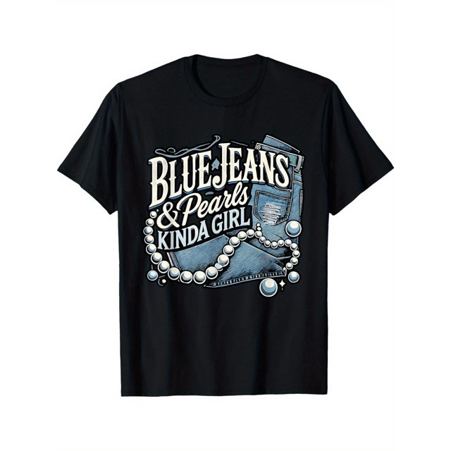 Men's "Jeans & Pearls" Graphic T-Shirt - Casual Black Cotton Tee with Denim-Inspired Pearl Print, Round Neck, Short Sleeves, Machine Washable, Soft and Comfortable Fit, Easycare Clothin
