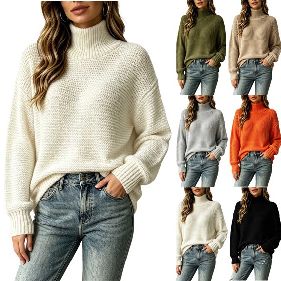 Xaqiouau Women Thick Textured Waffle Knit Turtleneck Sweater Soft Blend Oversized Long Sleeve Rib Cuff Fall Winter Warm Pullover Top White S