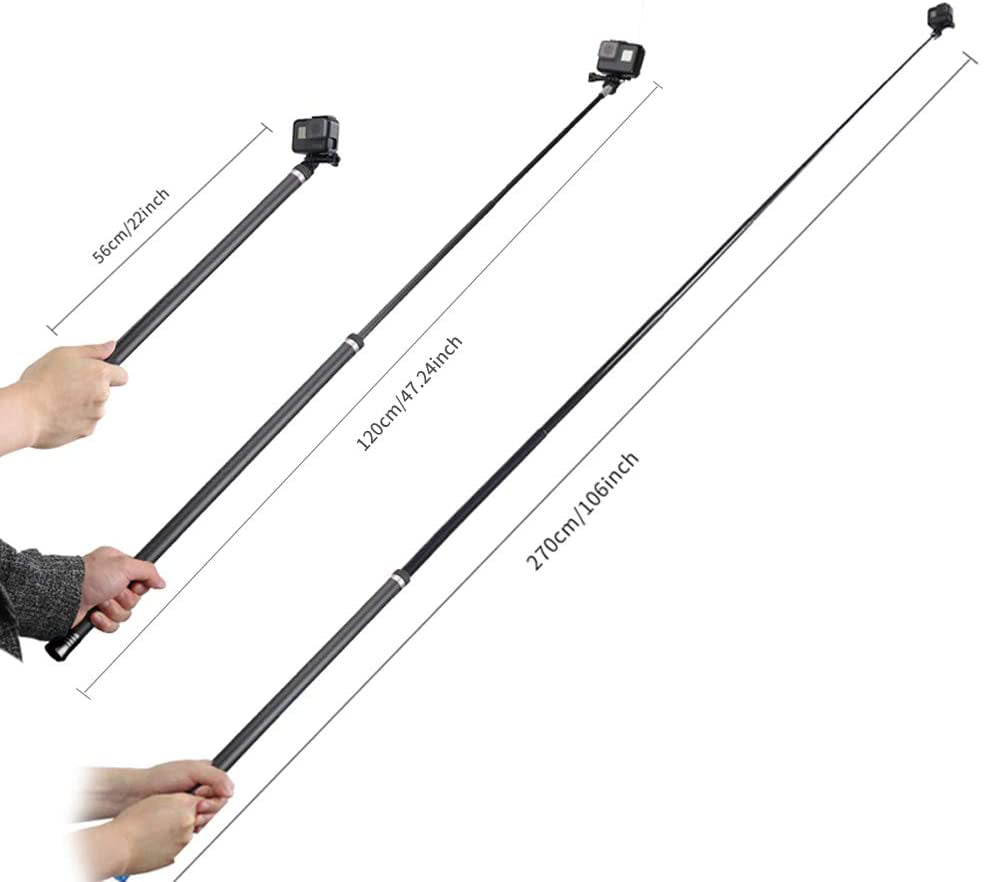 106 Upgraded Selfie Stick Ultra Long Selfie Stick for GoPro Hero,Insta 360,OSMO Action Camera,Extendable at 3 Lengths 22 47.2 106 Carbon Fiber Lightweight Pole Monopod