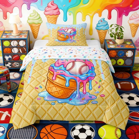 Erosebridal Pink Blue Drippy Baseball Cone Print Twin Comforter Sets, Fun Treats Bedding Set for Kids Boys and Girls, Colorful Stars Reversible 2pcs, 1 Comforter and 1 Pillowcase