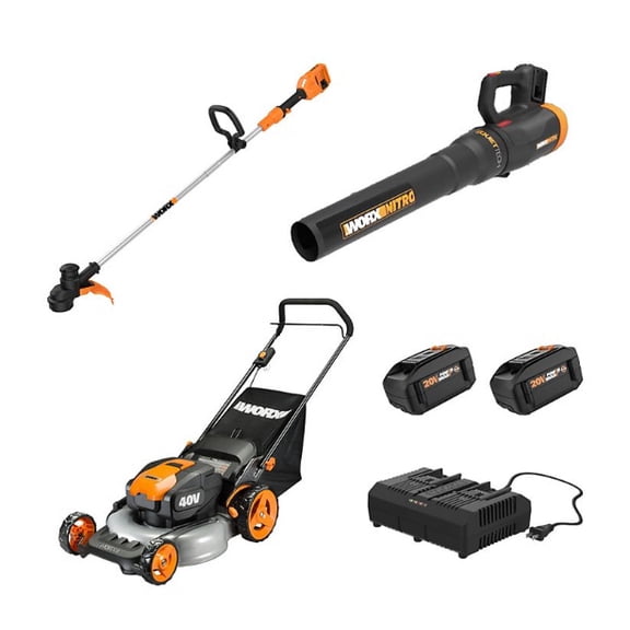 Pre-Owned Worx WG936 20" Push Mower, 13" String Trimmer, Quiet Tech Blower Combo Kit