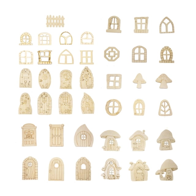 Juego 5 puertas hadas en miniatura madera con forma , puertas jardín hadas, ventanas, decoraciones sin terminar para casas