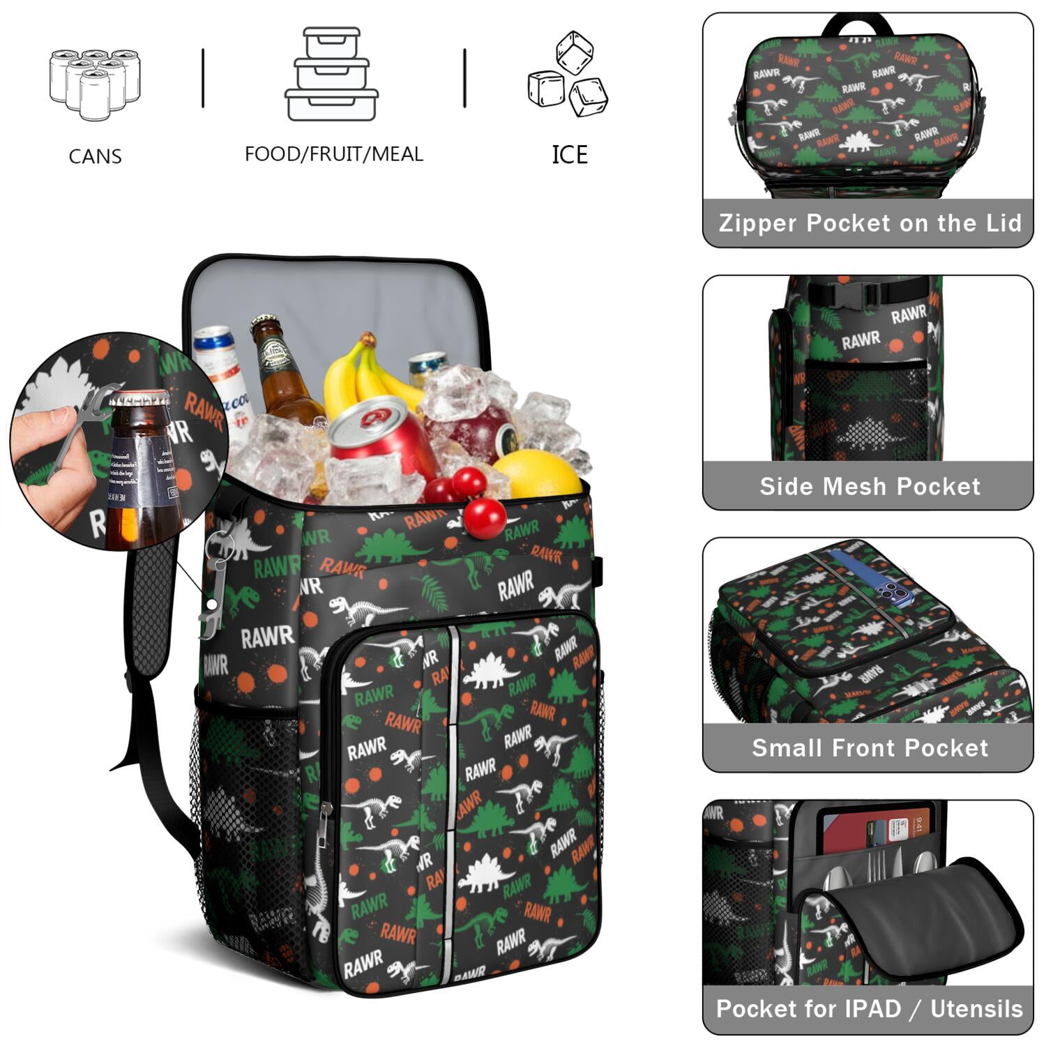 Travel Cooler Bag - Black Rawr Dinosaur Skeleton Pattern Camping Beer Cooler Backpack with Bottle Opener- Waterproof Insulated Picnic Backpacks - Cooler Bag for Beach