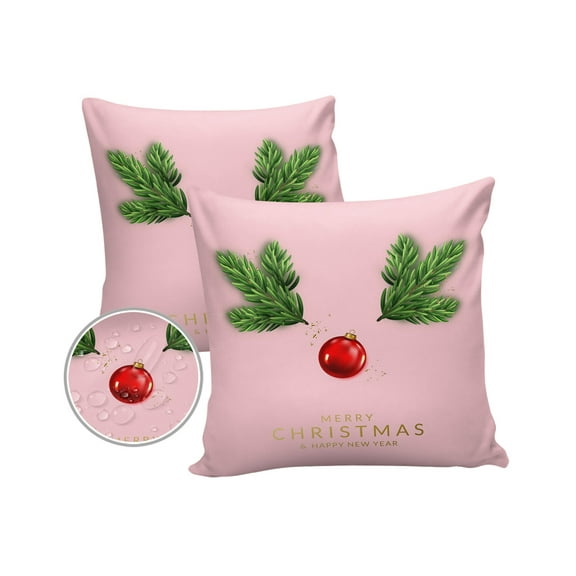 Pack of 2 Outdoor Pillow Covers, Christmas Ball Pine Needles Elk Pink Waterproof Square Throw Pillowcase Cushion Decorative Pillow Covers for Couch Patio Tent, 16x16 in