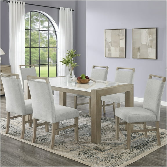 JERFIT 7-Piece Dining Table Set with White Faux Marble Tabletop and Light Oak Chairs for 6 Seater Dining Room