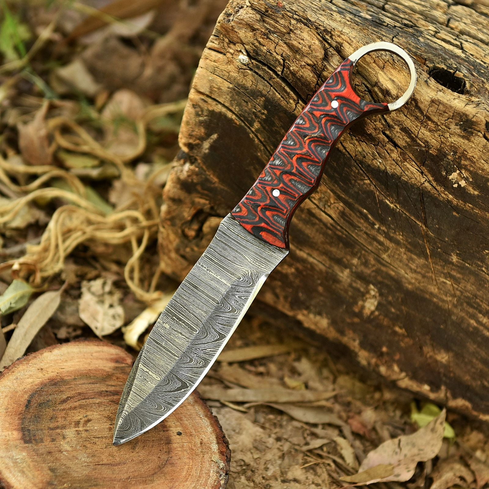 Damascus Steel Hunting Knife with Wooden Handle & Finger Ring, Fixed Blade Knife with Leather Sheath, Outdoor Camping Survival Knife