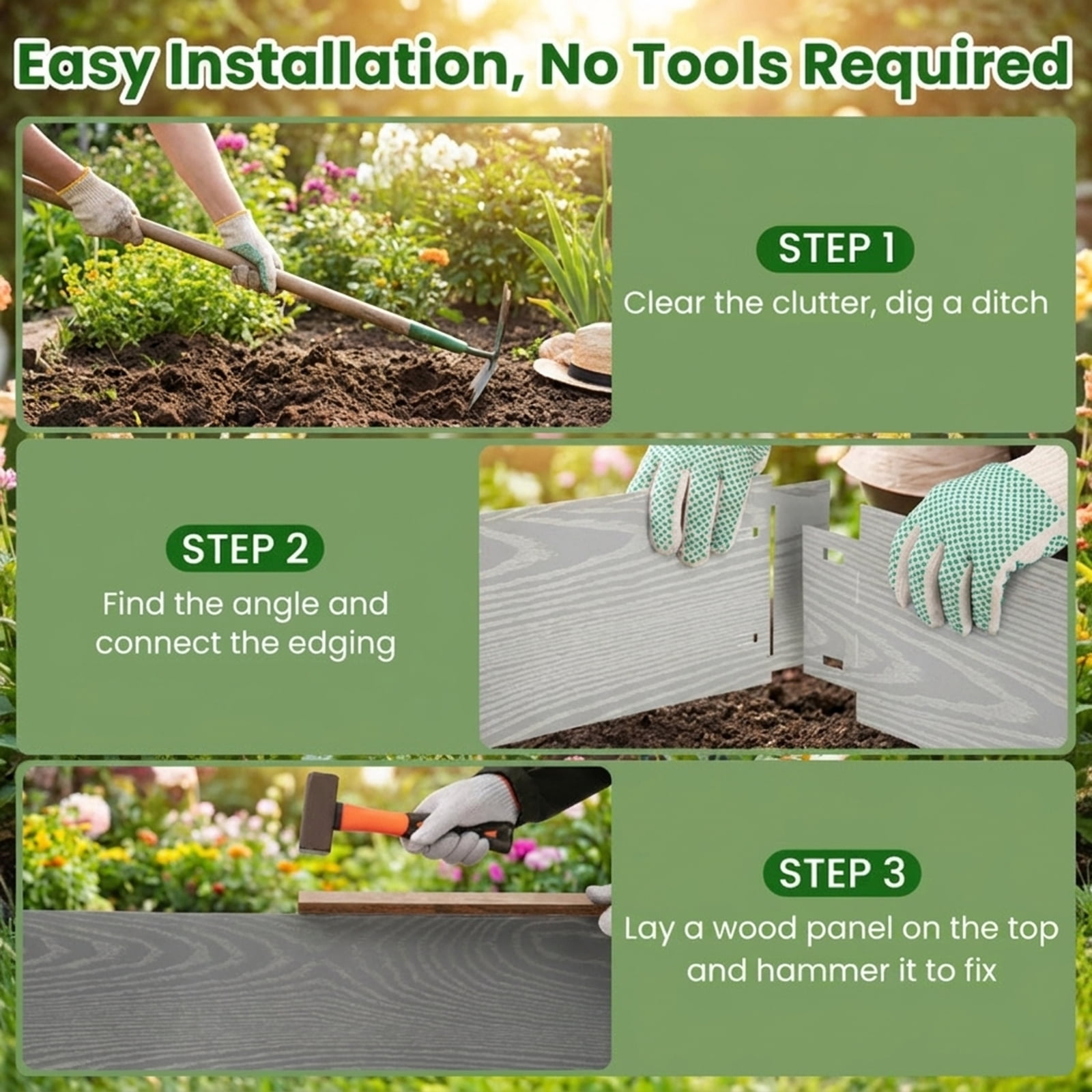 Biotree 6-Pack 20 FT Galvanized Metal Landscape Edging for Lawn Yard Garden, Flexible Wood-Grain Steel Border Panels, Heart Curve Rectangle Shapes, Silver