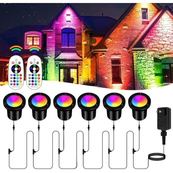6-in-1 Changing Landscape Lighting Kit,6 Pack Low Voltage RGBW Landscape Ground Lights with Transformer &Remote 75FT Wire,16 Warm White Uplights for Hollween Garden,Tree,Patio 36W