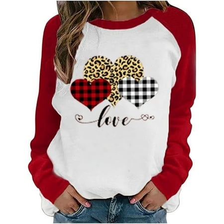 

Womens Long Sleeves Blouse Valentine s Day Fashion Love Printing Patchwork Sleeve Pullover Casual Loose Round Neck Ladies Tunics Sweatshirt Top