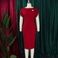thumbnail image 4 of AURA Plus Size Bodycon Midi Dress High Waist Round Neck Short Sleeve Elegant Office Dress with Brooch Zipper, 4 of 10