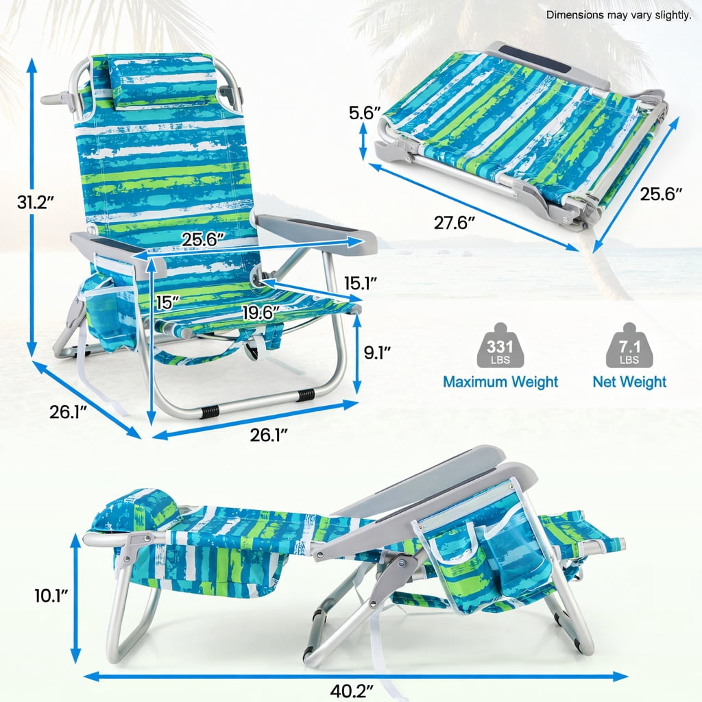 Hommoo 2-Pack Foldable Beach Chair with Adjustable Backrest, Cup Holder & Storage Pockets, Lightweight Aluminum Frame, Waterproof 600D Oxford Fabric, Green