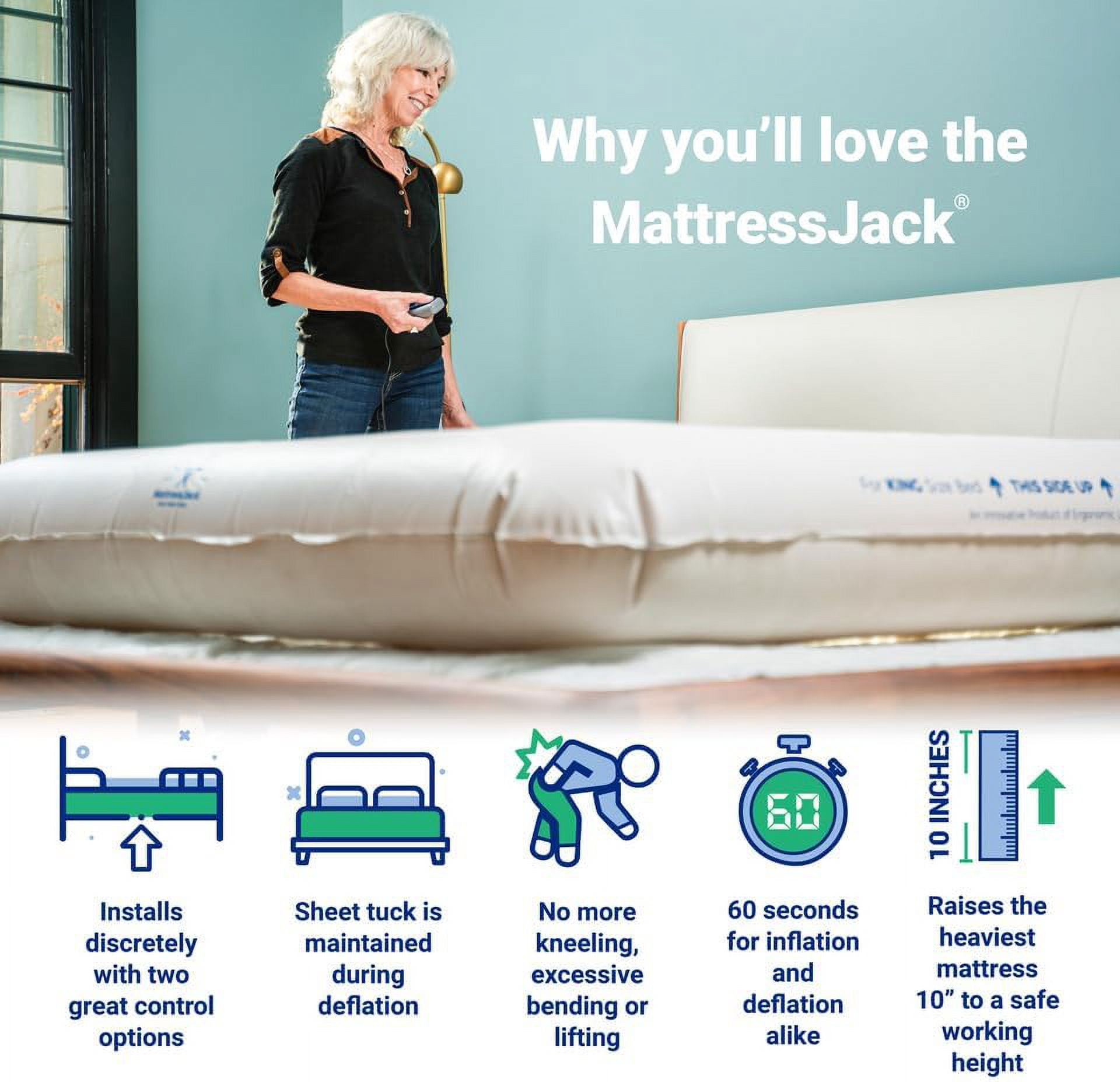 Mattress Jack Mattress Elevator - Easy Use Lifter for Sheet Tucking & Bed Making - Ergonomic Mobility & Daily Living Aid for Elderly, with Inflatable Ring, Air Pump, & Controller for Queen Mattress