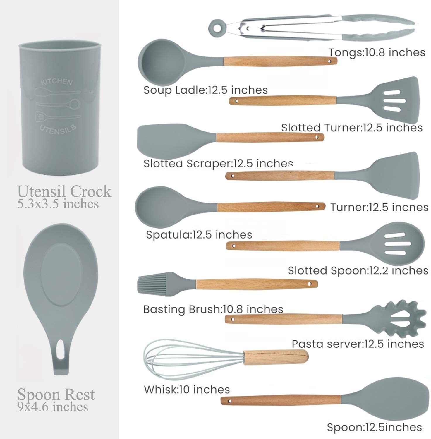 Kitchen Silicone Cooking Utensil 13-Piece Set with Stand, Wood Handles -  Pure Parker