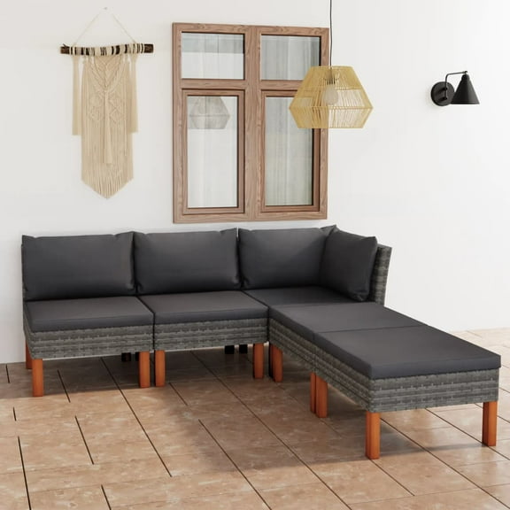 vidaXL 5 Piece Patio Lounge Set with Cushions Poly Rattan Gray
