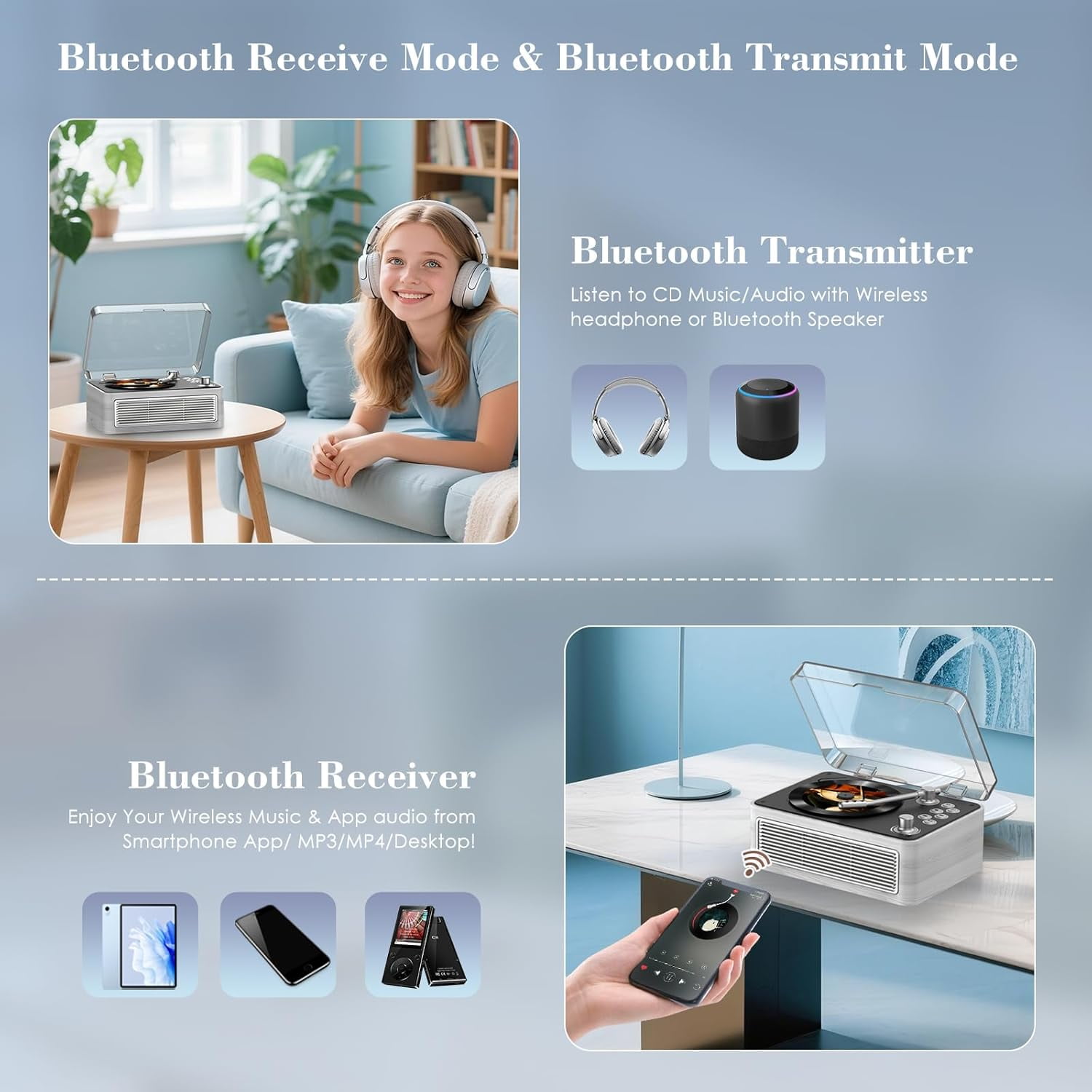 Qoosea CD Player Portable Bluetooth: CD Players for Home with Speakers Rechargeable & Radio & Remote Control Vintage CD-Player Support USB/AUX Playback Headphone Jack