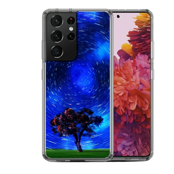 Shockproof Hybrid Bumper Phone Case for Samsung Galaxy S21 Ultra, by OneToughShield ® - Star Trails Tree