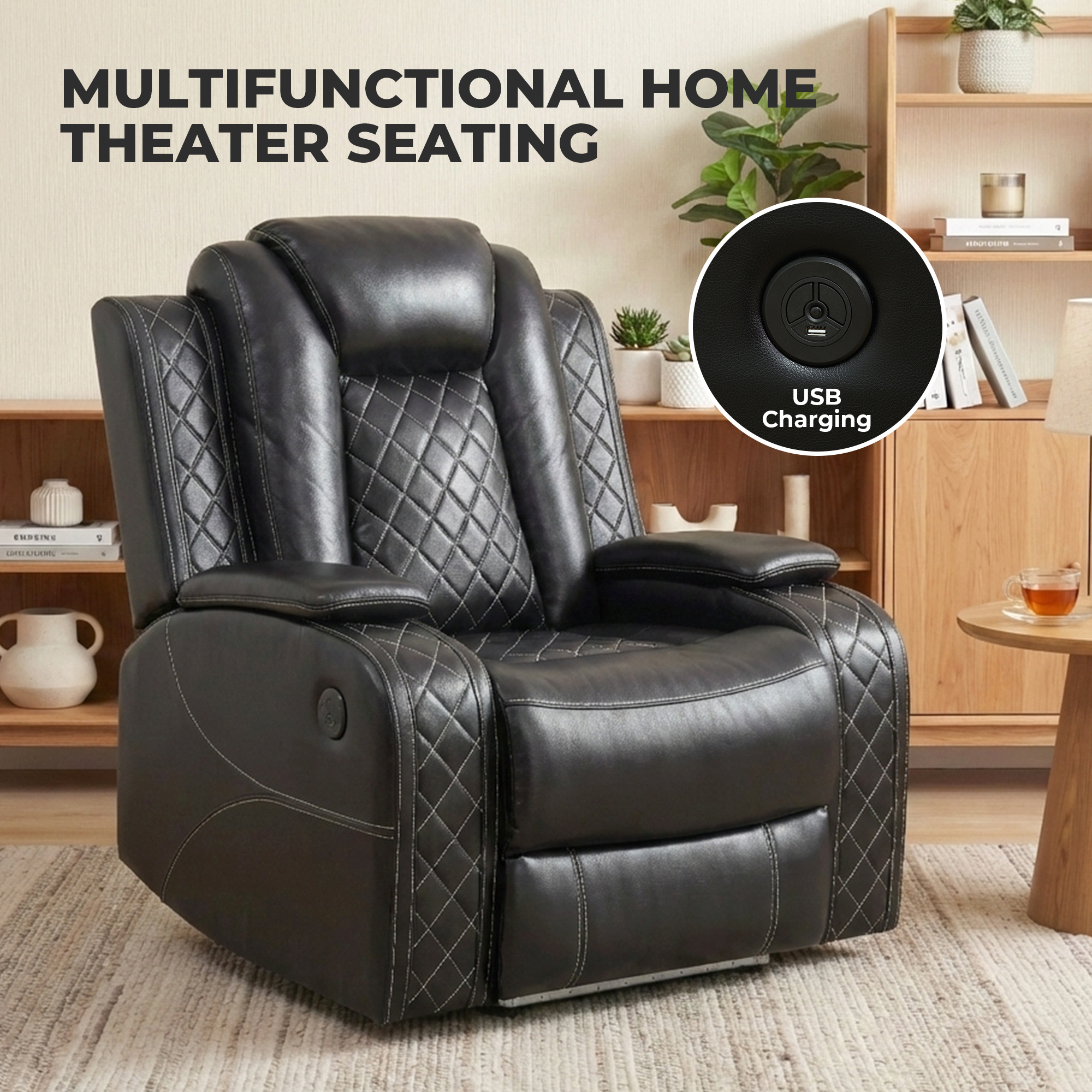 Alvantor Power Recliner Chair with USB Ports Leather Electric Home Theater Seating, Living Room Chair Black