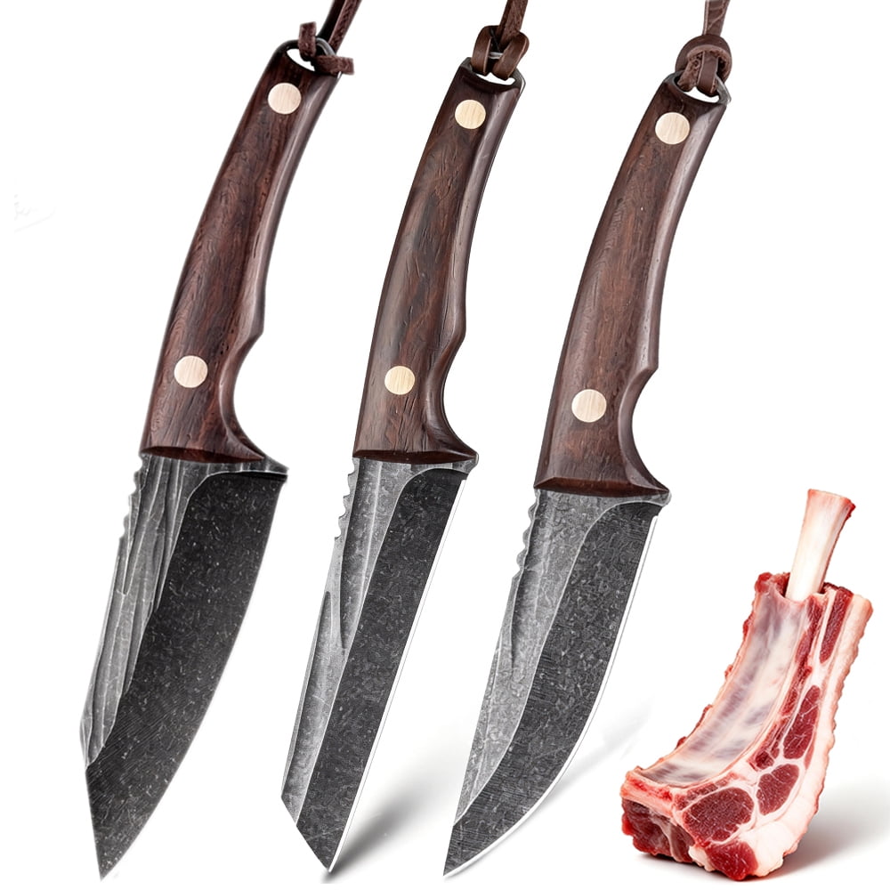 Small Procket Knife 3.5-inch Fixed Blade Knife 3Pcs High Carbon Steel Fruit Meat Butcher Knife Set Full Tang Hunting Knife Wood Handle with Paracord Lanyard for Outdoor Camping Bushcraft