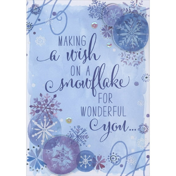 Designer Greetings Making A Wish On A Snowflake: 3D Die Cut Glitter Snowflakes on Light Blue Hand Decorated Christmas Card
