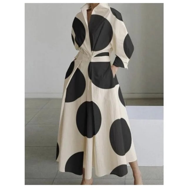 Women's Polo Collar Long Sleeve Maxi Dress - Ankle-Length, Elastic, Button Detail, Polyester
