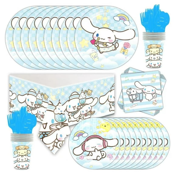 81Pcs Cinnamoroll  Birthday Party Decorations,10 Guests Kawaii Party Supplies Include Disposable Paper Plates Cups Napkins Forks Tablecloth for Kids Theme Party