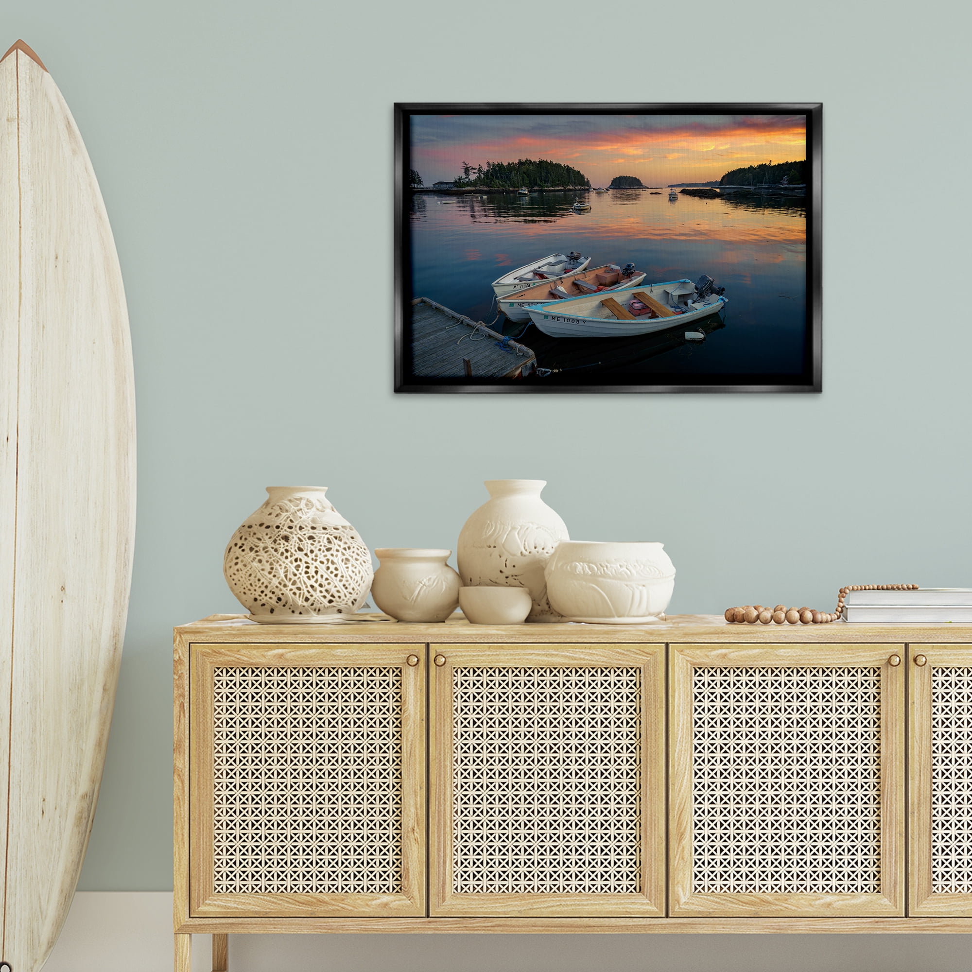 Stupell Industries Three Boats at Sunset Nautical & Beach Photography Black Floater Framed Canvas Art Print Wall Art, 31 x 21
