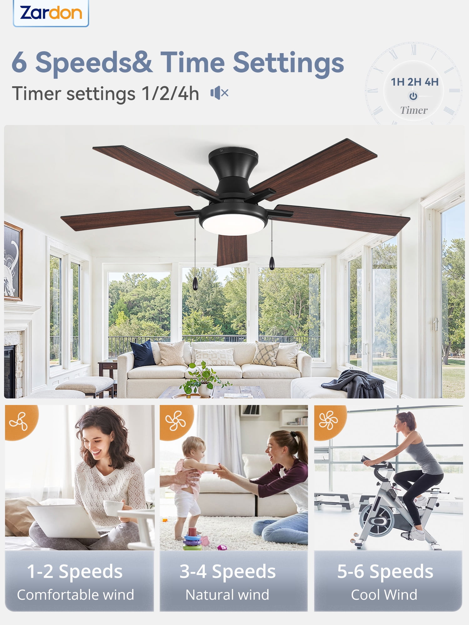 Zardon 52" Modern Ceiling Fan with Light and Remote Control & Dual Pull-Chain, Black Ceiling fans for Bedroom Living Room Indoor, 6 Speed, Ultra-Quiet DC Motor