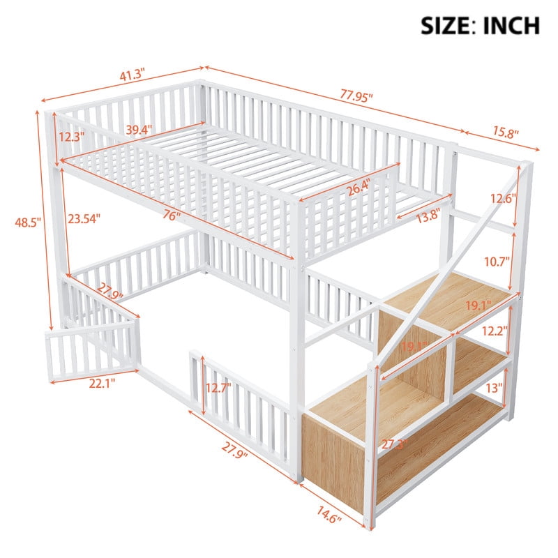 Twin Size Versatile Loft Bed with No Slat Floor Bed & Safety Guardrails, Kids Storage Bunk Bed Frame with Stair
