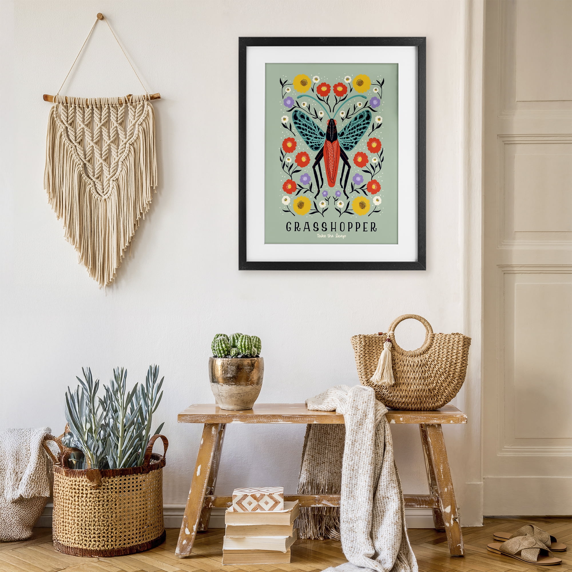 Stupell Industries Symmetrical Grasshopper with Blooms Black Framed Print Under Glass, design by Indira Prieto | IndySign