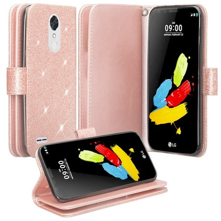 LG Xpression Plus/Phoenix Plus/Harmony 2/K10 2018/K30/Premier Pro LTE Glitter Pu Leather Flip Wallet Case [ID&Credit Card Slots] Phone Cases for LG Xpression Plus - Rose