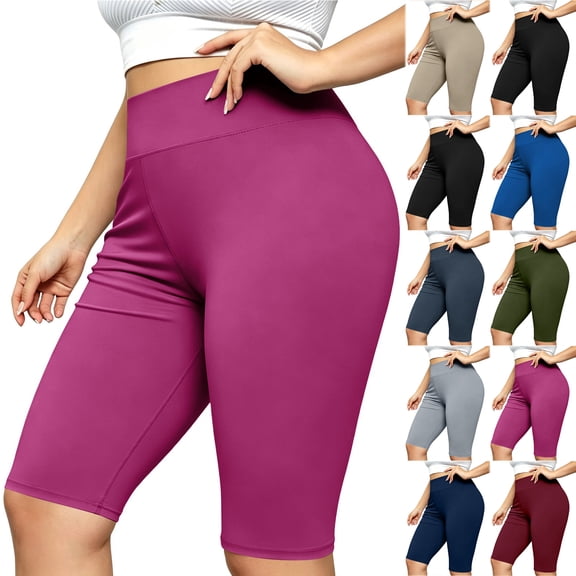 Bloomae Plus Size High Waisted Biker Shorts for Women-Basic Solid Color Tummy Control Fitness Athletic Workout Running Yoga Gym Shorts