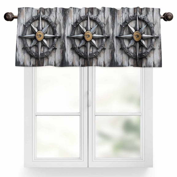 Compass Valances for Windows, 60 x 18in, Nautical Wood Grain Rod Pocket Kitchen Valance Curtain Light Filtering Window Treatments for Living Room Bedroom, 1 Panel