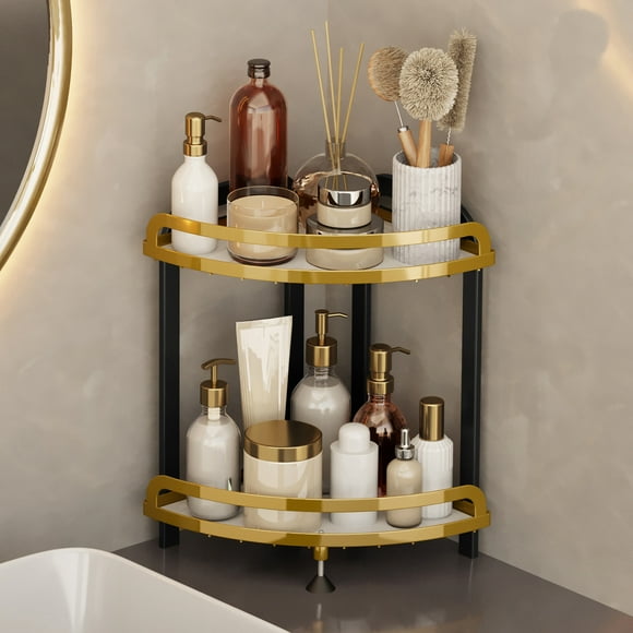TOPRenddon 3-Tier Rustproof Shower Corner Caddy – Adhesive Hooks, Stainless Steel Bathroom Organizer with Drainage Shelves for Soap, Shampoo & Towels, Space-Saving Gold