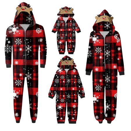 

Olilia Matching Christmas Family Pajamas Classic Plaid Snowflake Xmas Holiday Party Jammies Long Sleeve One-Piece Comfy Hooded Lounge Wear