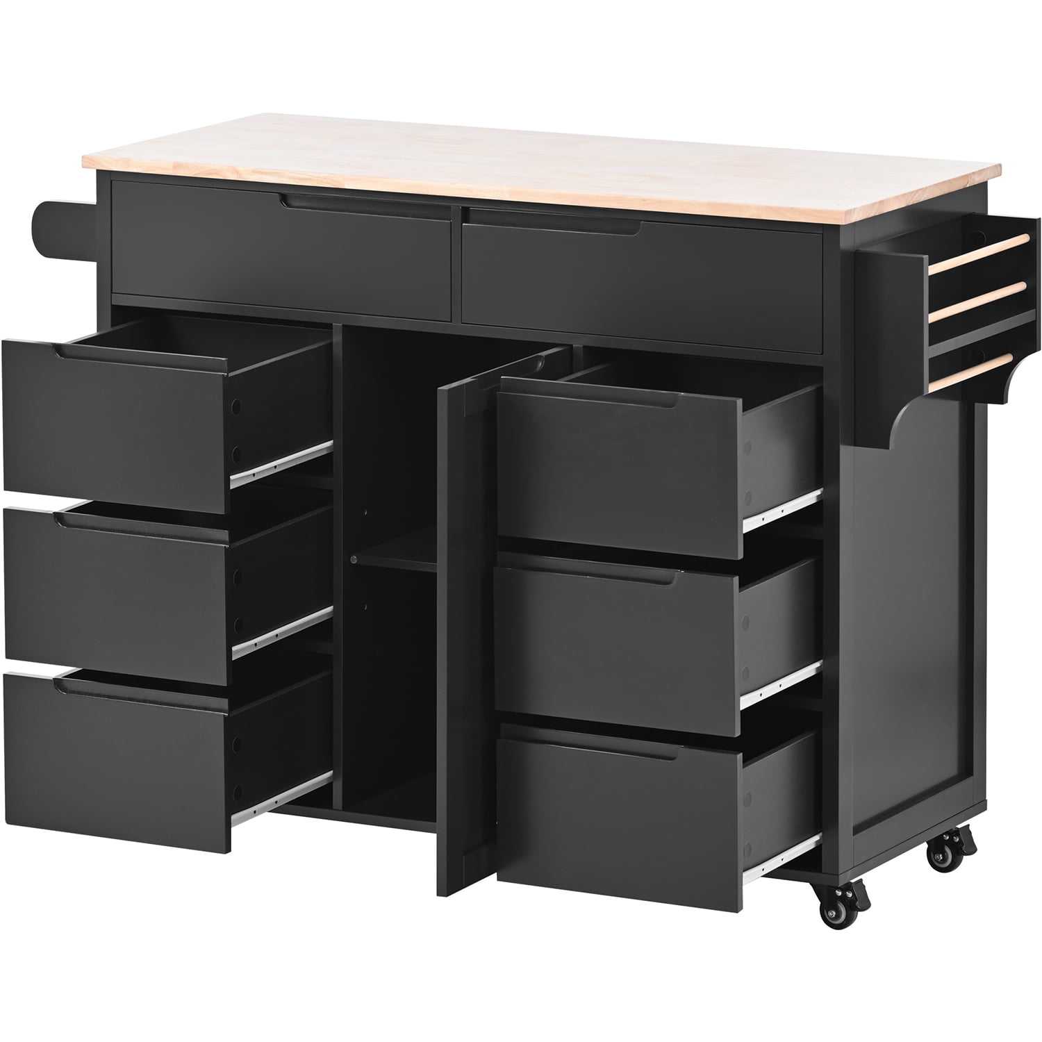 Kepooman 53.15 Inch Width Indoor Modern Rolling Kitchen Cart, Rubber Wood Kitchen Cart on Wheels with Spice Rack, Towel Rack-Black Kepooman 53.15 Inch Width Indoor Modern Rolling Kitchen Cart, Rubber Wood Kitchen Cart on Wheels with Spice Rack, Towel Rack-Black
