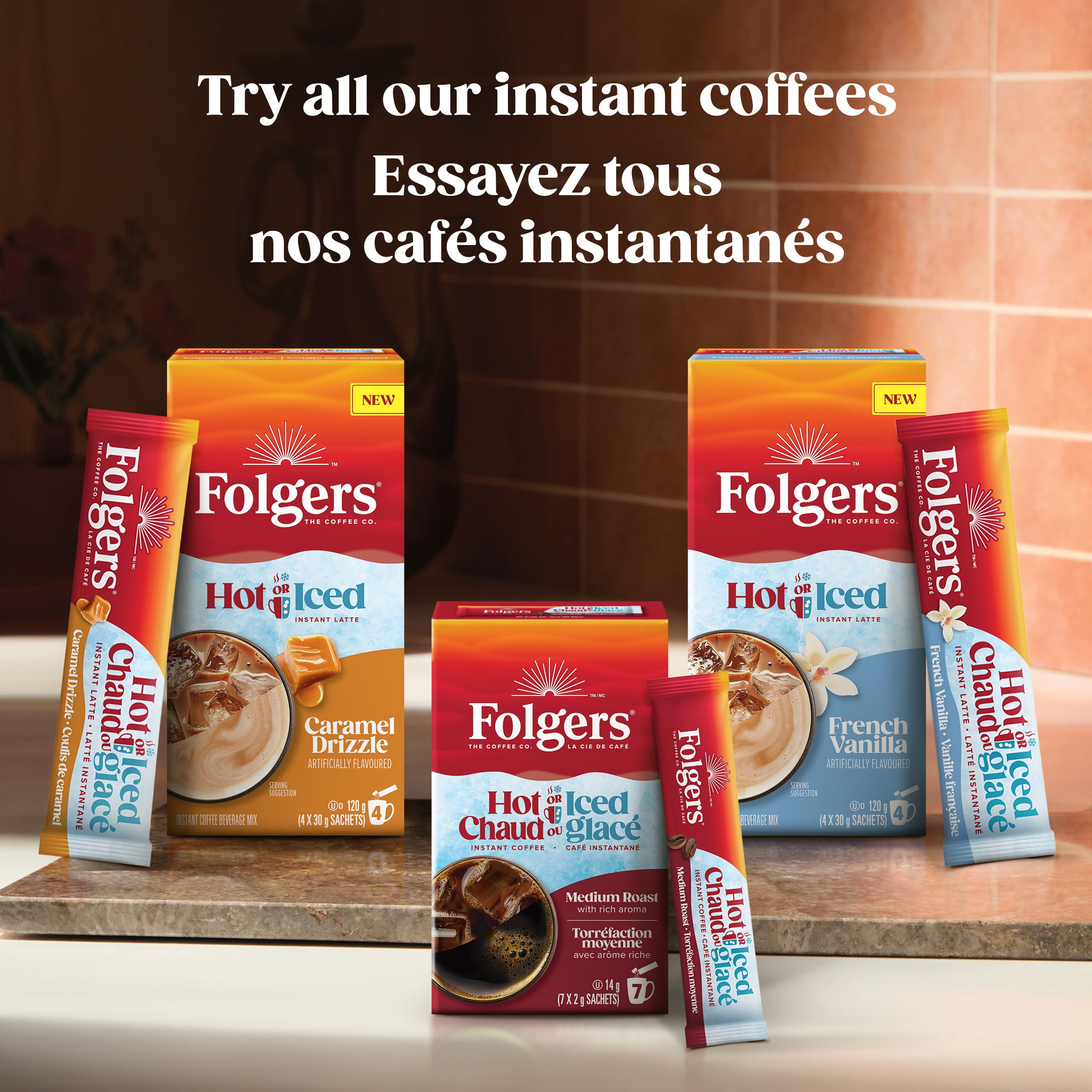 Mélange pour latté instantané chaud ou glacé à la vanille française de Folgers, 4 sachets (120 g) 7 x 2g Sachets (Totale 14g)