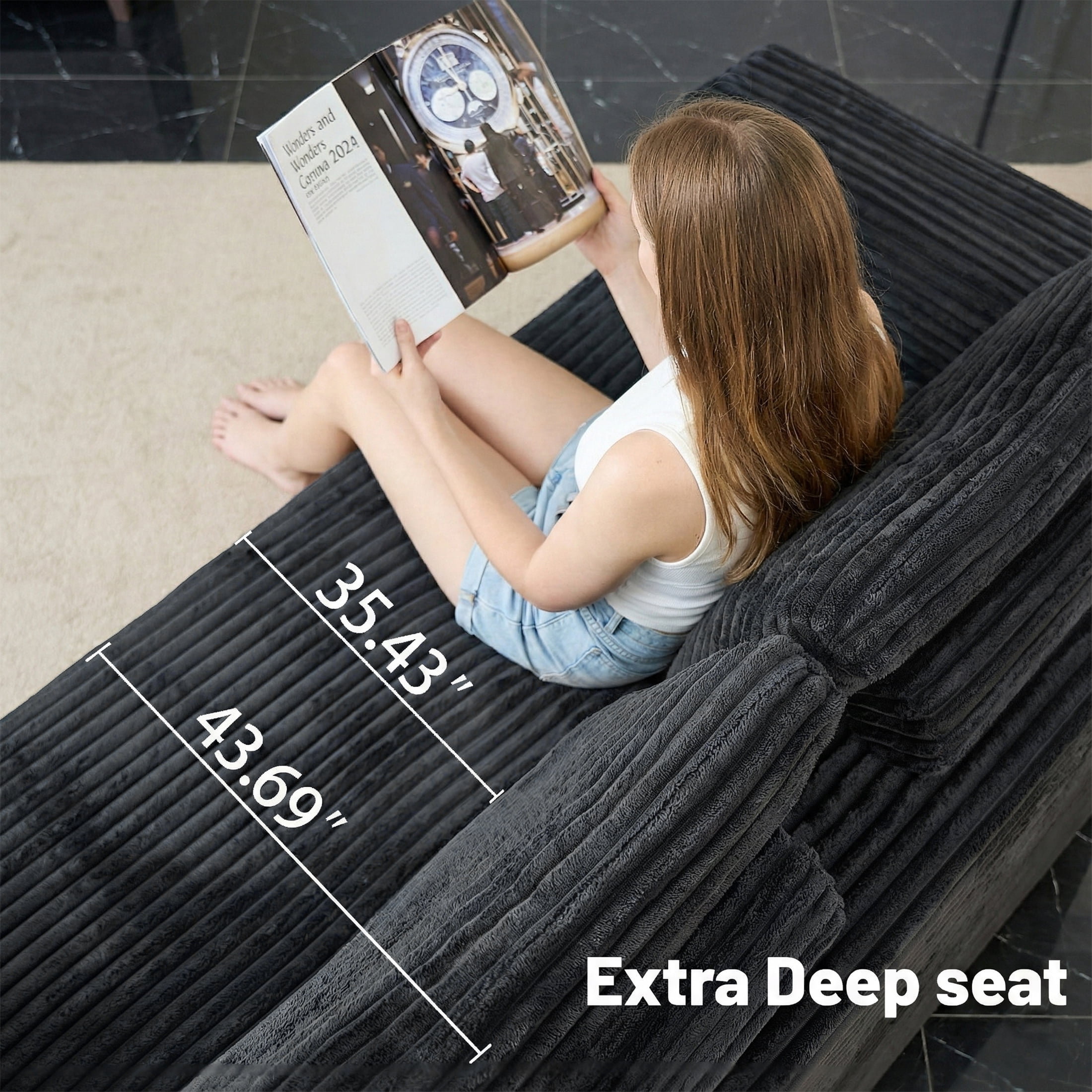 SEENYOO 135.5" Cloud Couch,Boneless Sectional Sofa for Living Room,Black U Shaped Couch with Chaise,6-Seater,Corduroy Fabric,Freely Configurable Layout
