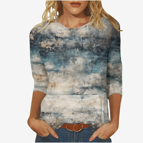 BangWanChi Work Blouse Fall Women Fashion Printed T-shirt 3/4 Sleeves Blouse Round Neck Casual Tops