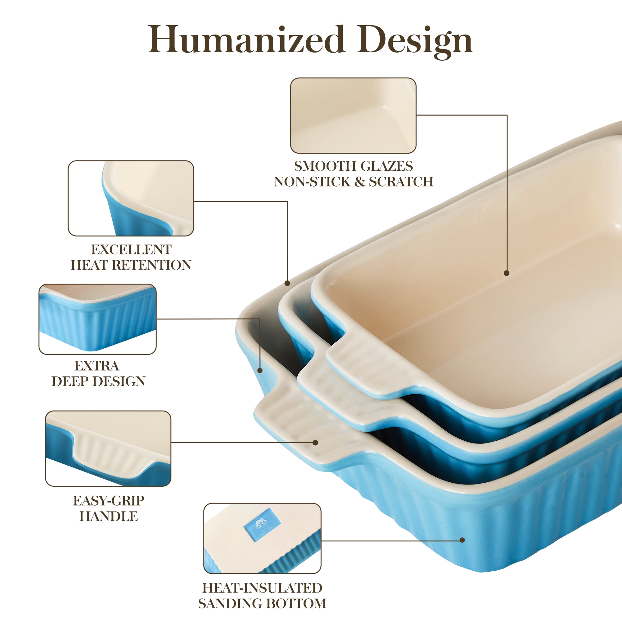 Vancasso Ceramic Baking Dish Set, Thick Casserole Dish for Oven with Handles, Deep Bakeware Sets of 3 for Baking, Lasagna Pan, Blue