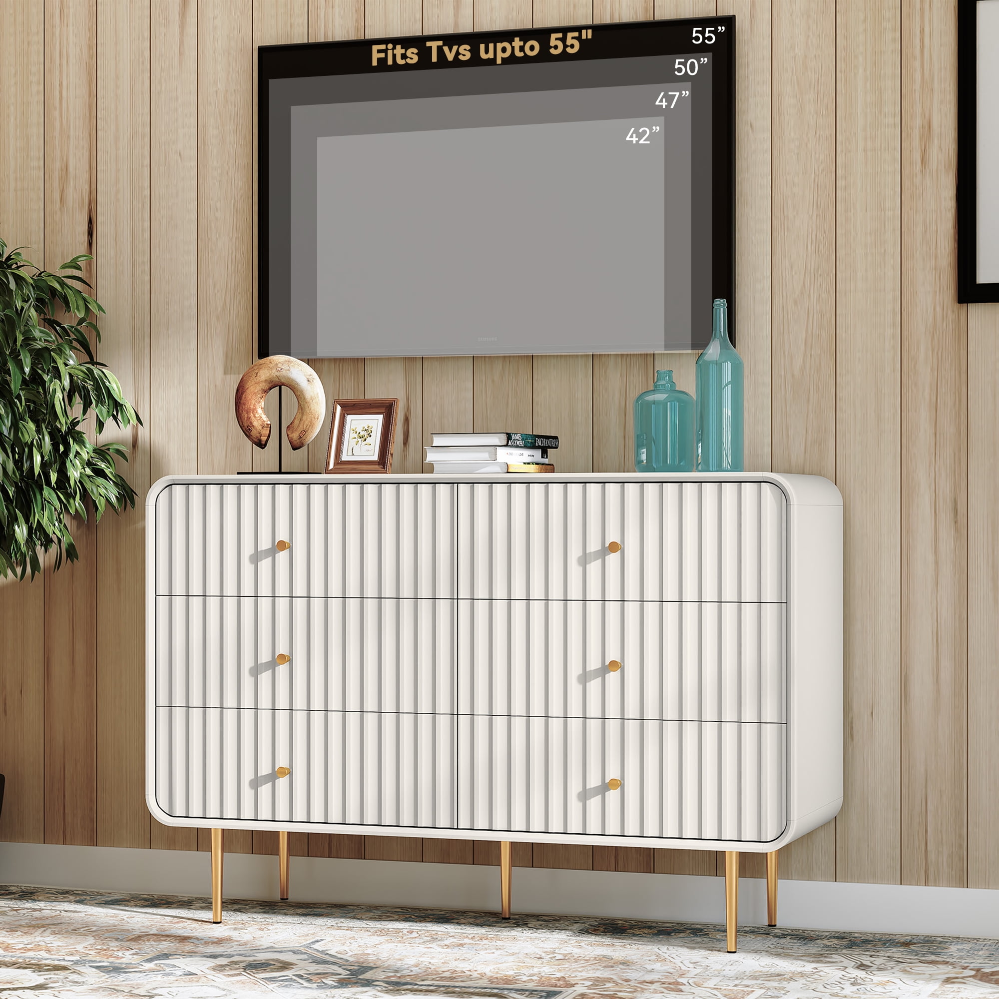 HLR 6 Drawers Dresser for Bedroom, 54'' W Modern Fluted Storage Chest of Drawers for Hallway, White