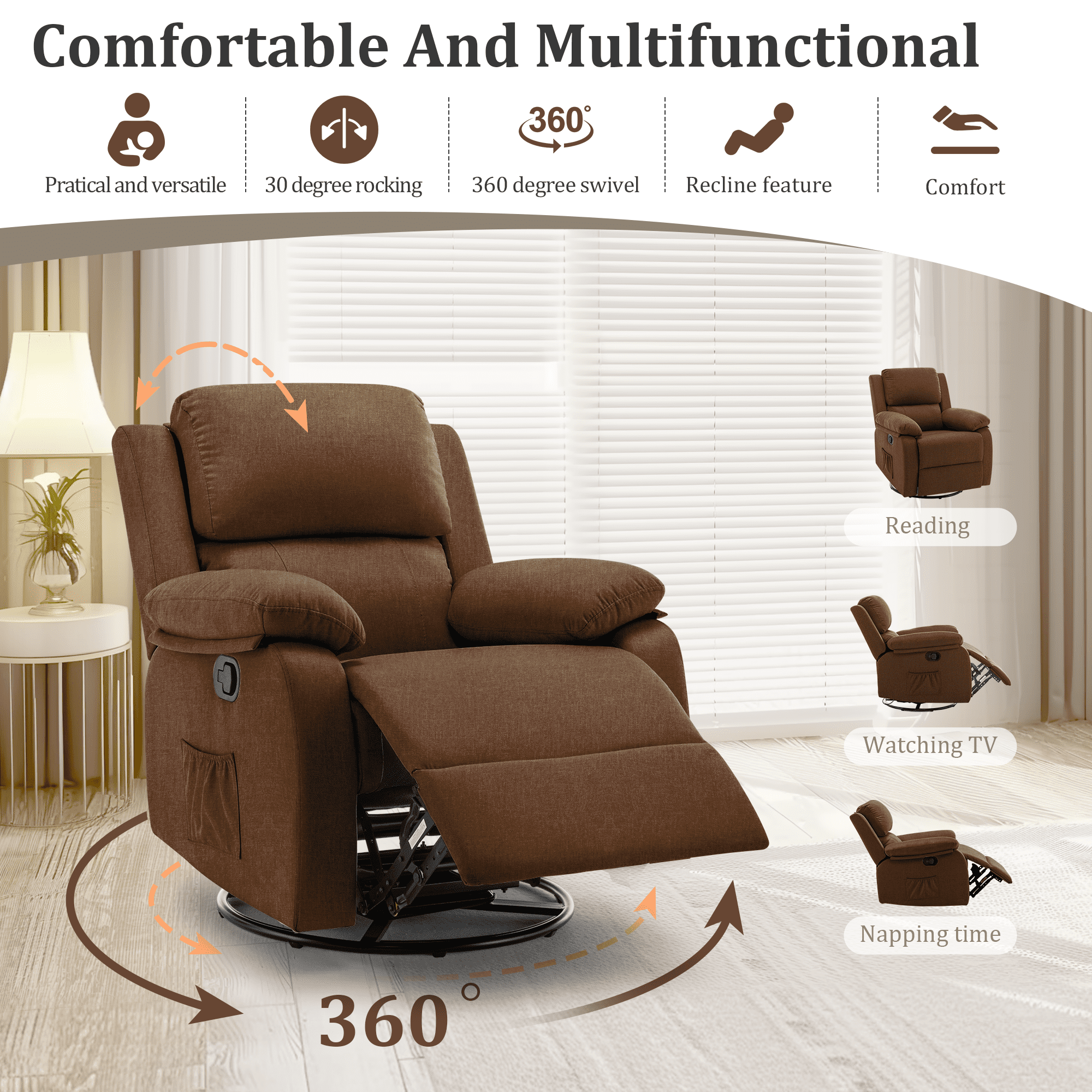 Korser Swivel Rocker Small Recliner Chair for Small Spaces for Living Room,Nursery,Brown