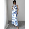 thumbnail image 5 of Blue Floral Print Halter Neck Maxi Dress, Waist-Cinched Bodycon Style, Elegant Evening & Daywear, 5 of 6
