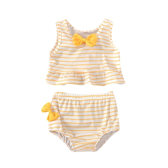 Zanarzt Toddler Baby Girl Swimsuit Two-Piece Baby Kids Girls Striped Print Backless Ruffle Two Piece Swimwear Swimsuit Yellow,18-24 Months