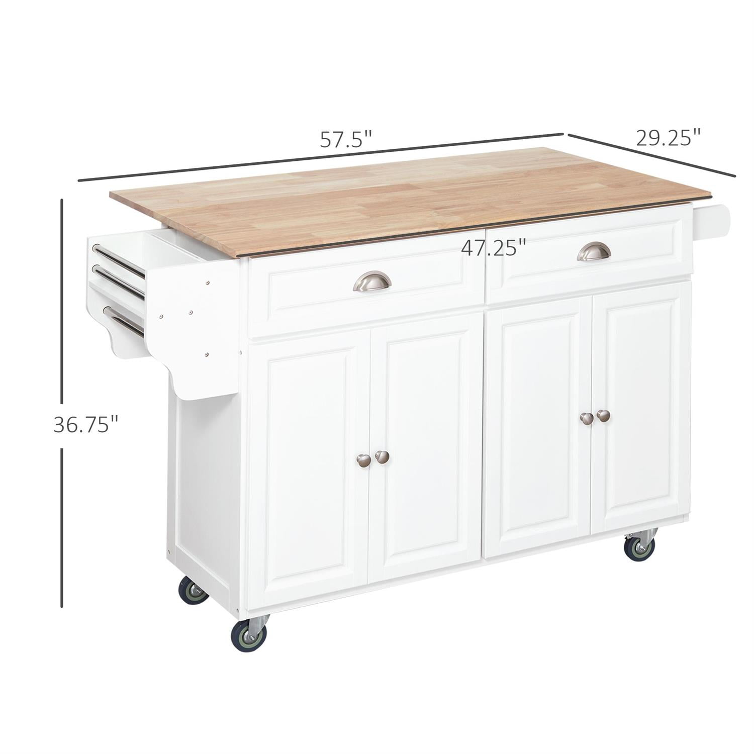 Demi Bonn 57" Mobile Kitchen Island Workstation with Drop Leaf & Wood Top, 2 Drawers & 2 Cabinets, Multi-Functional Table for Kitchen & Dining, White
