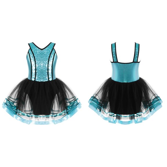 DPOIS Kids Girls Sequin Ballet Dance Dress Mesh Tutu Skirted Leotards Ballerina Costume Blue 16