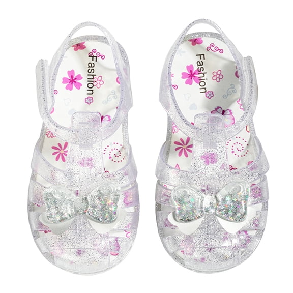 Dress up Princess Jelly Sandals Girls Summer Closed Toe Rhinestone Bow Cute T-Strap Fisherman Sandal Silver 8.5 Toddler