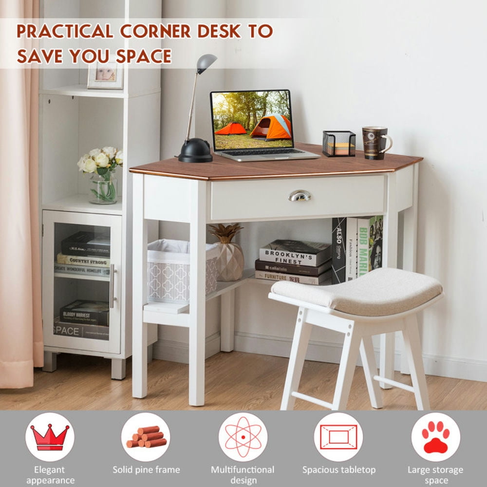 Demi Bonn Corner Wooden Piece Laptop Computer Desk, Small Home Office Desk Study Writing Table, White