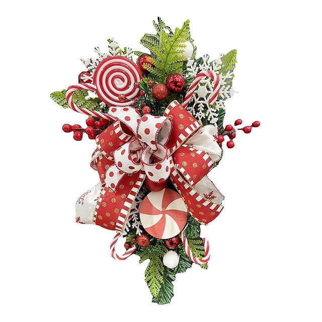 Lágrima navideña floral con lazo de caramelo y frutos rojos, guirnalda navideña colgante de lágrima artificial